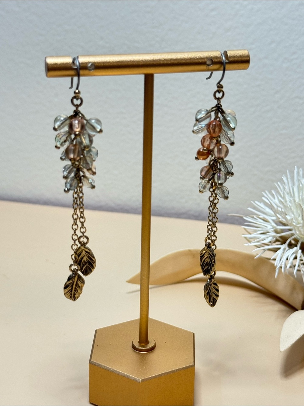 Peach Clear Beaded Leaf Charm Long Dangle Earrings Brass Tone Boho